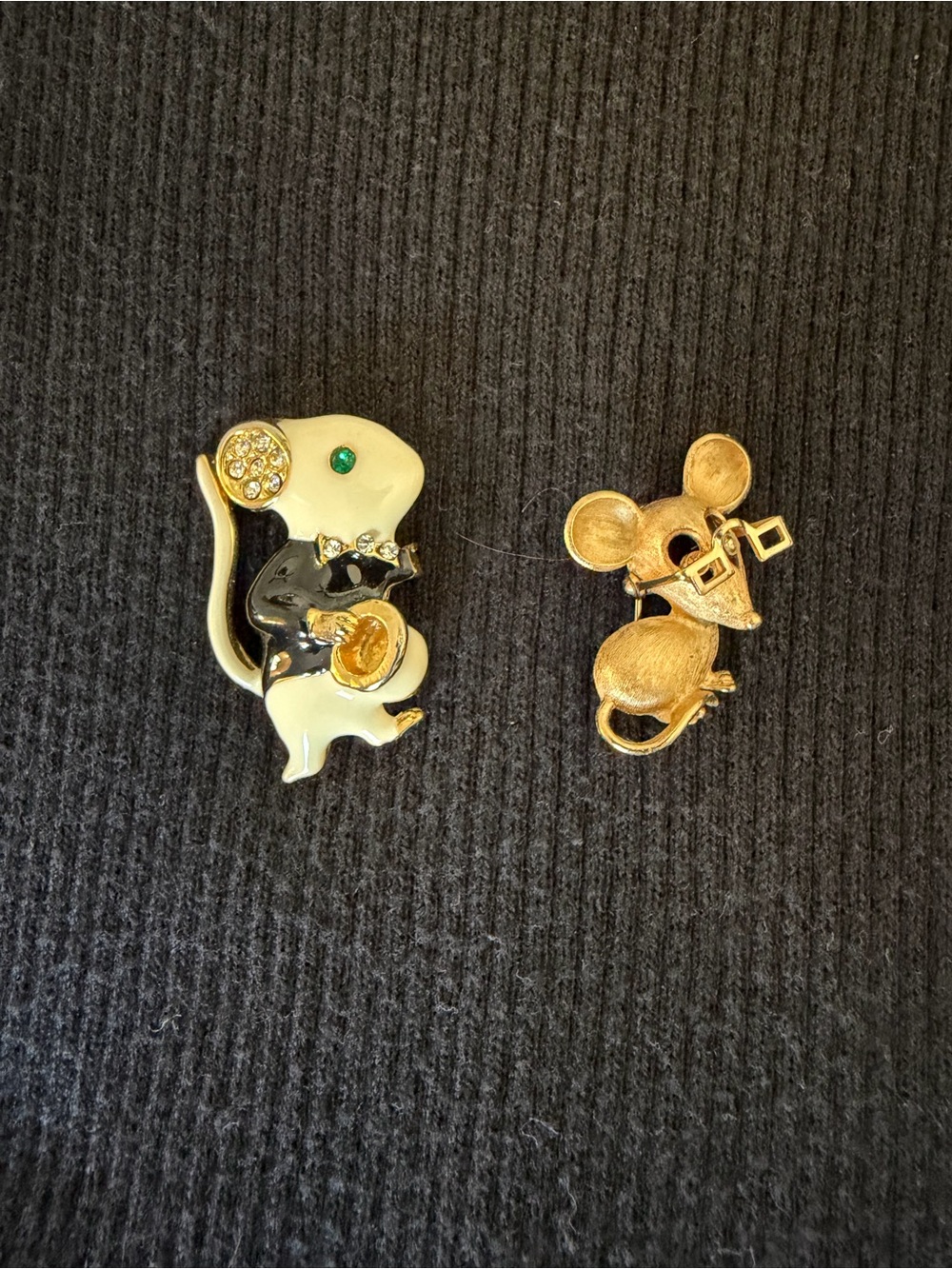 Vintage Gold and Cream Enamel Mouse Brooches